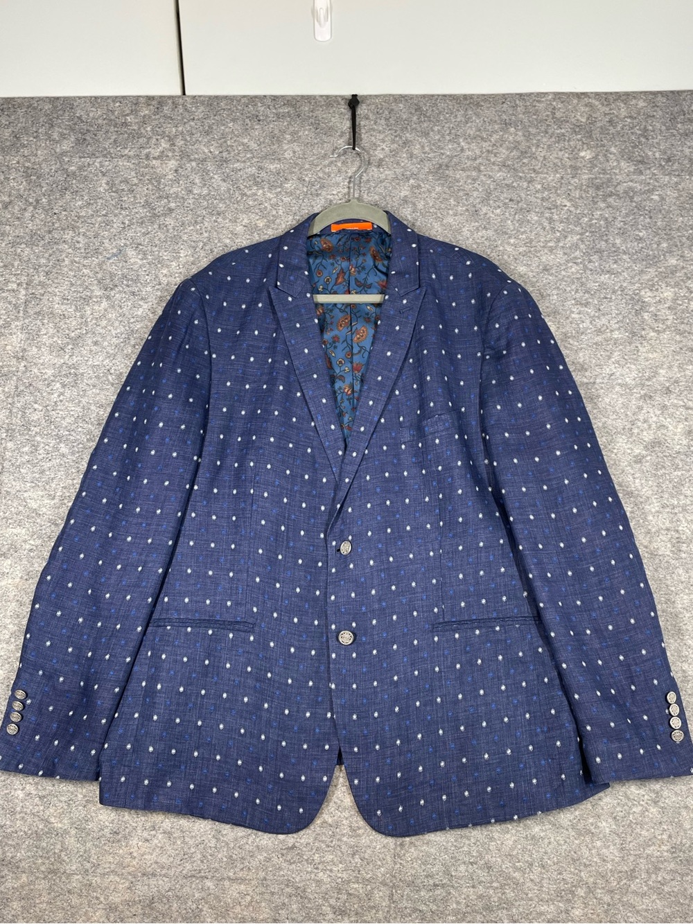 Tallia Hudson’s Bay Linen Blazer Blue Polka Dot Size 46R Sport Coat Smart Casual